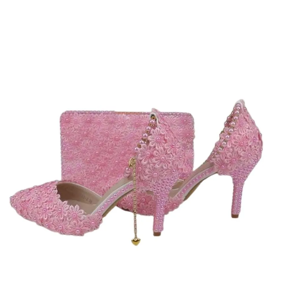 BAYA Women's Fashion Elegant Purple Flower Lace Design Wedding Shoes with Matching Handbag