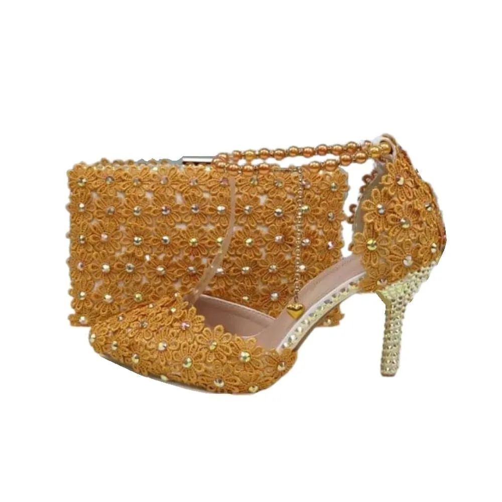 BAYA Women's Fashion Elegant Purple Flower Lace Design Wedding Shoes with Matching Handbag