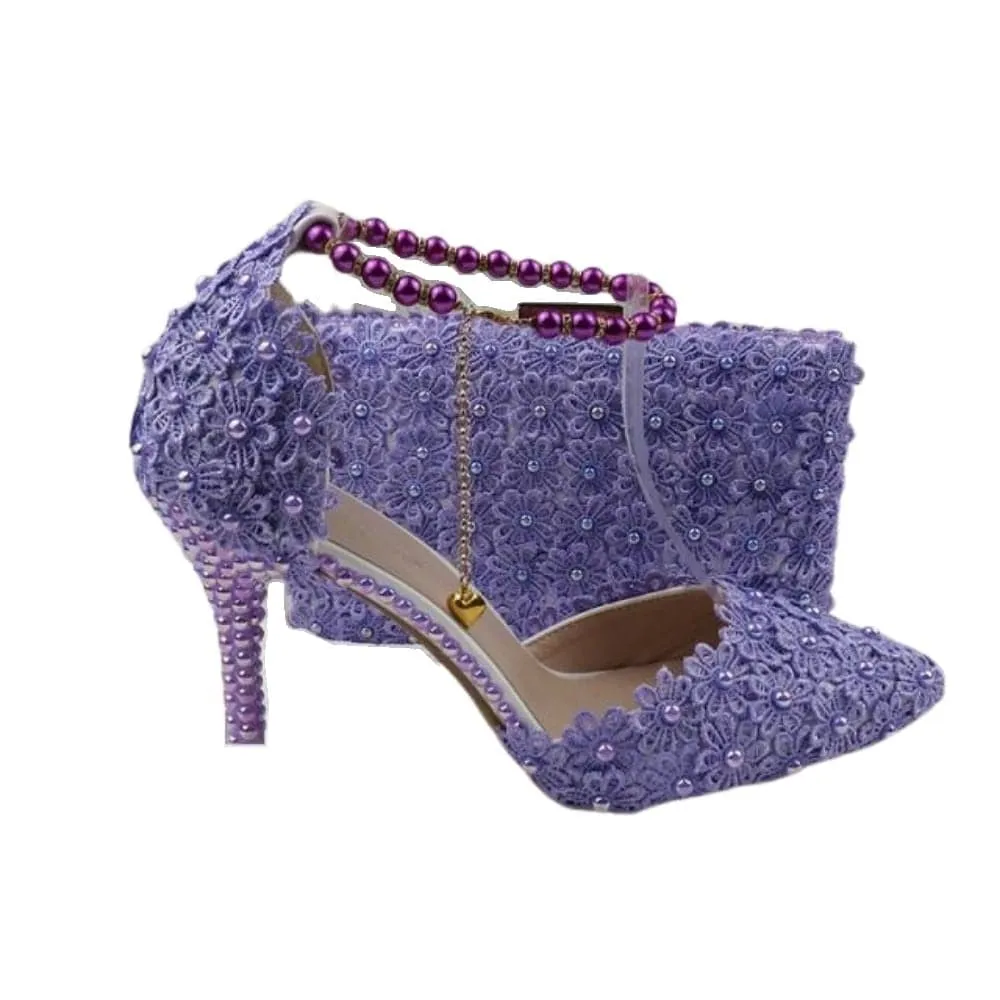 BAYA Women's Fashion Elegant Purple Flower Lace Design Wedding Shoes with Matching Handbag