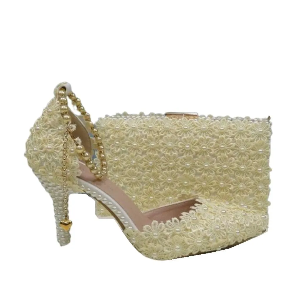 BAYA Women's Fashion Elegant Purple Flower Lace Design Wedding Shoes with Matching Handbag