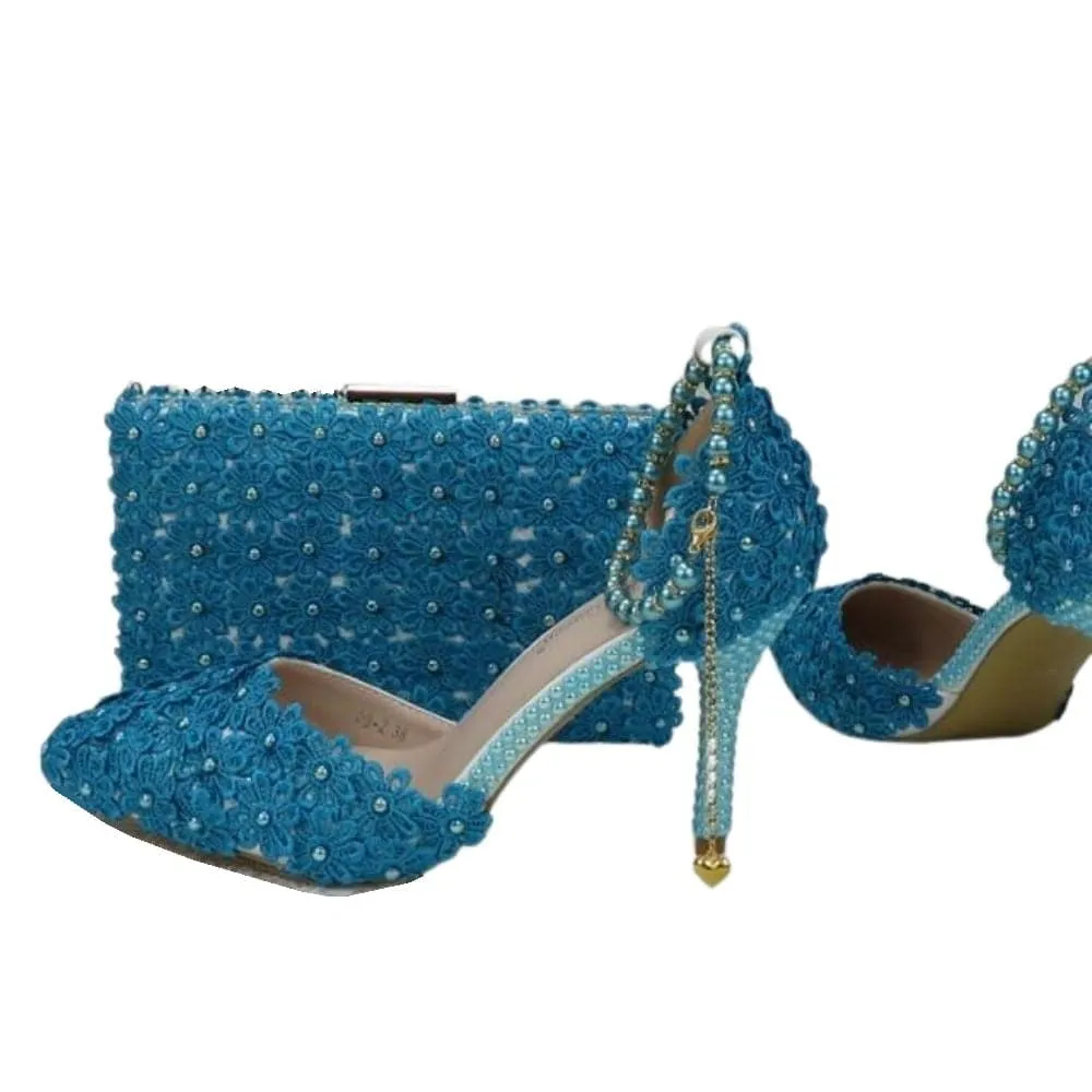 BAYA Women's Fashion Elegant Purple Flower Lace Design Wedding Shoes with Matching Handbag