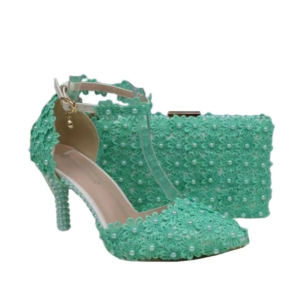 BAYA Women's Fashion Elegant Purple Flower Lace Design Wedding Shoes with Matching Handbag