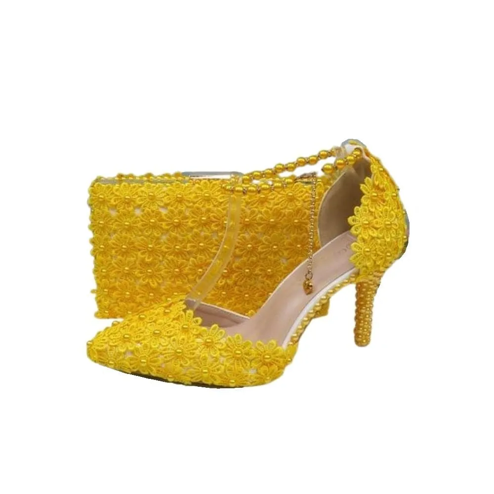 BAYA Women's Fashion Elegant Purple Flower Lace Design Wedding Shoes with Matching Handbag