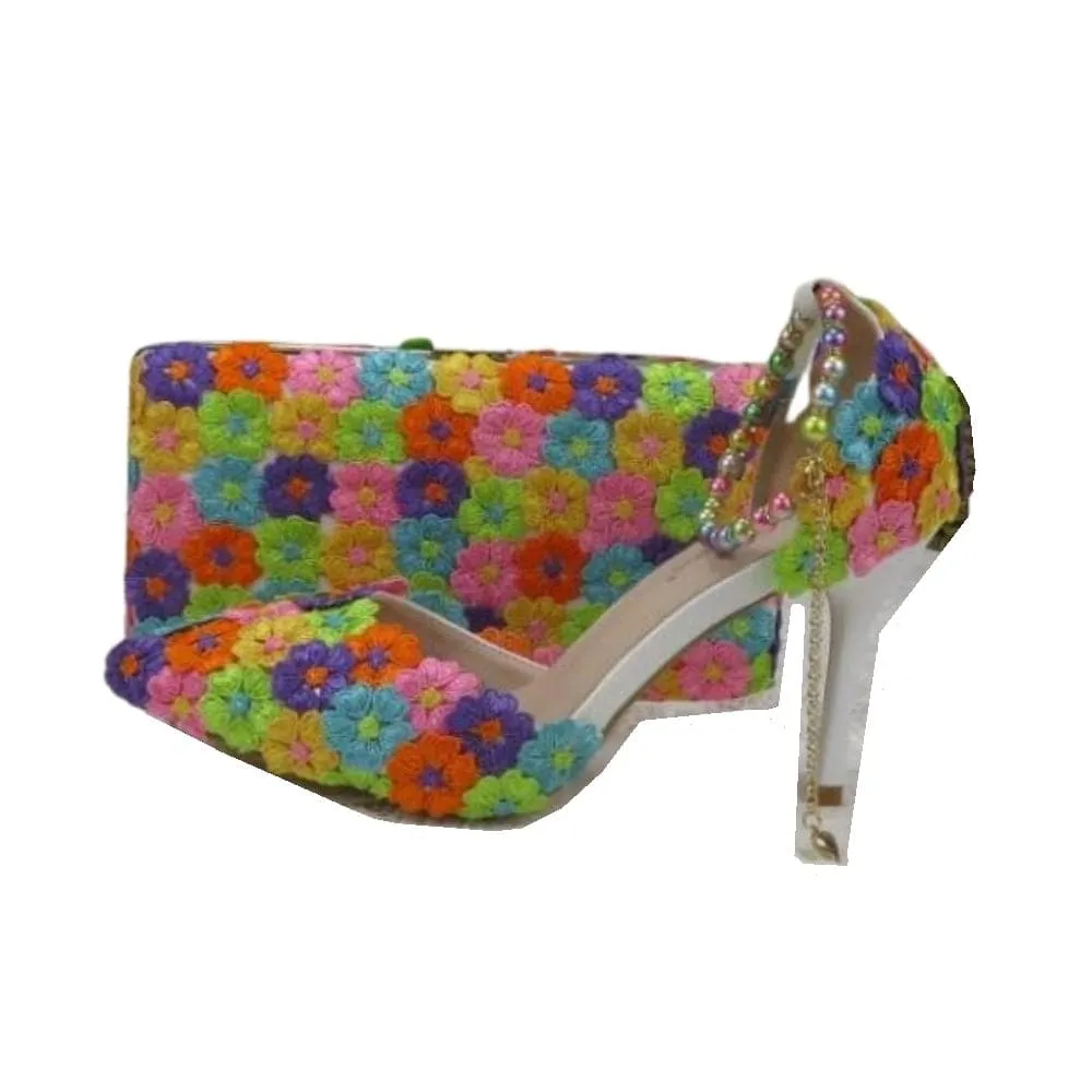 BAYA Women's Fashion Elegant Purple Flower Lace Design Wedding Shoes with Matching Handbag