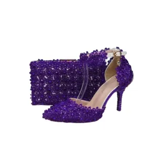 BAYA Women's Fashion Elegant Purple Flower Lace Design Wedding Shoes with Matching Handbag