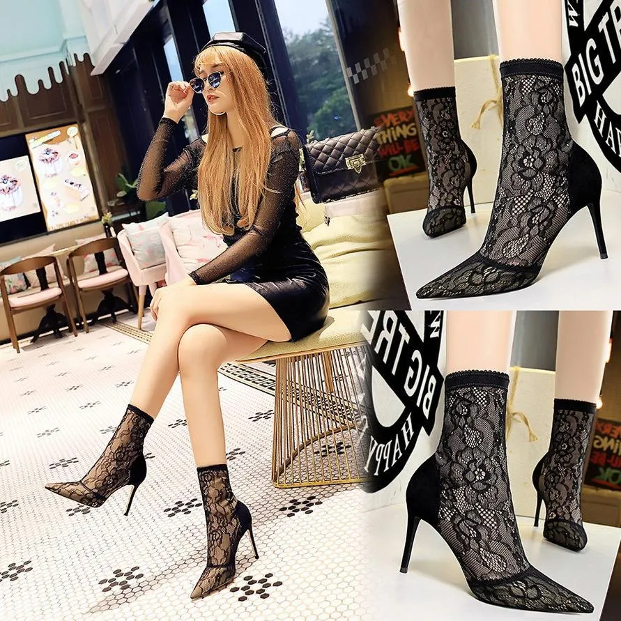 Chicvane Girls Lace Mesh Pointed Toe Stiletto Heel Mid Calf Boots