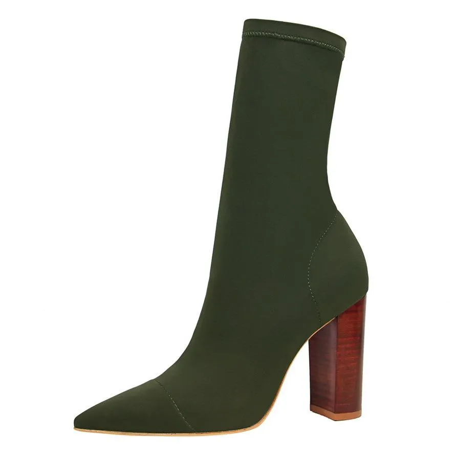 Chicvane Girls Woolen Pointed Toe Wood Grain Chunky Heel Mid Calf Boots