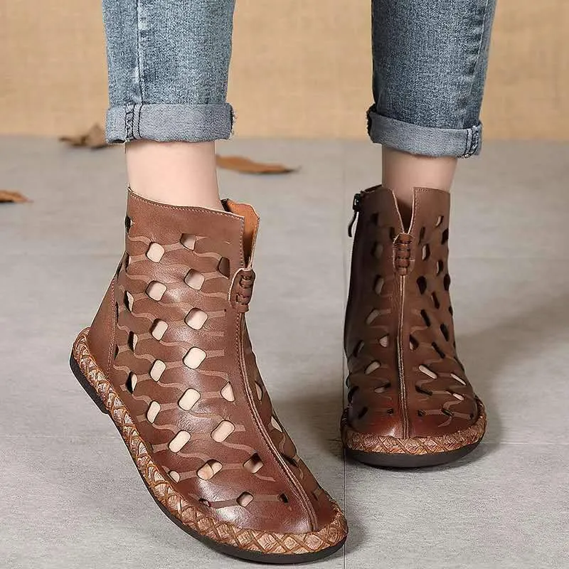 Chicvane Women's Flat Heel Round Toe Zipper Closure Holes Ankle Boots For Women