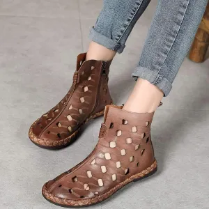 Chicvane Women's Flat Heel Round Toe Zipper Closure Holes Ankle Boots For Women