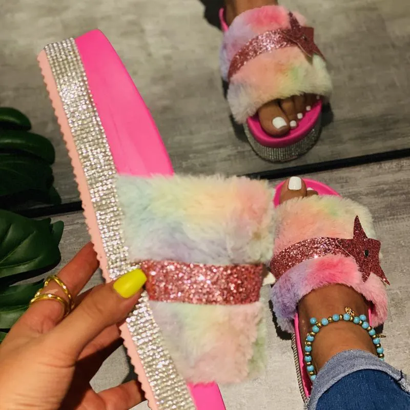 Chicvane Women's Star Rhinestone Faux Fur Open Toe Fluffy Slide Sleeper