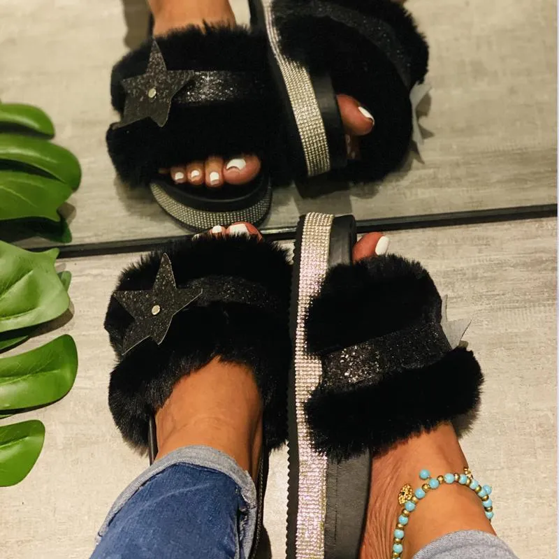 Chicvane Women's Star Rhinestone Faux Fur Open Toe Fluffy Slide Sleeper