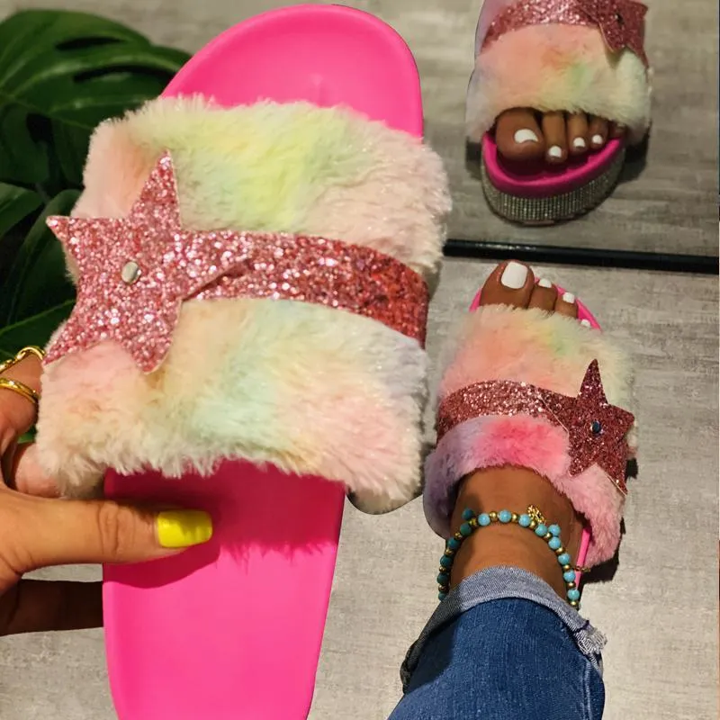 Chicvane Women's Star Rhinestone Faux Fur Open Toe Fluffy Slide Sleeper