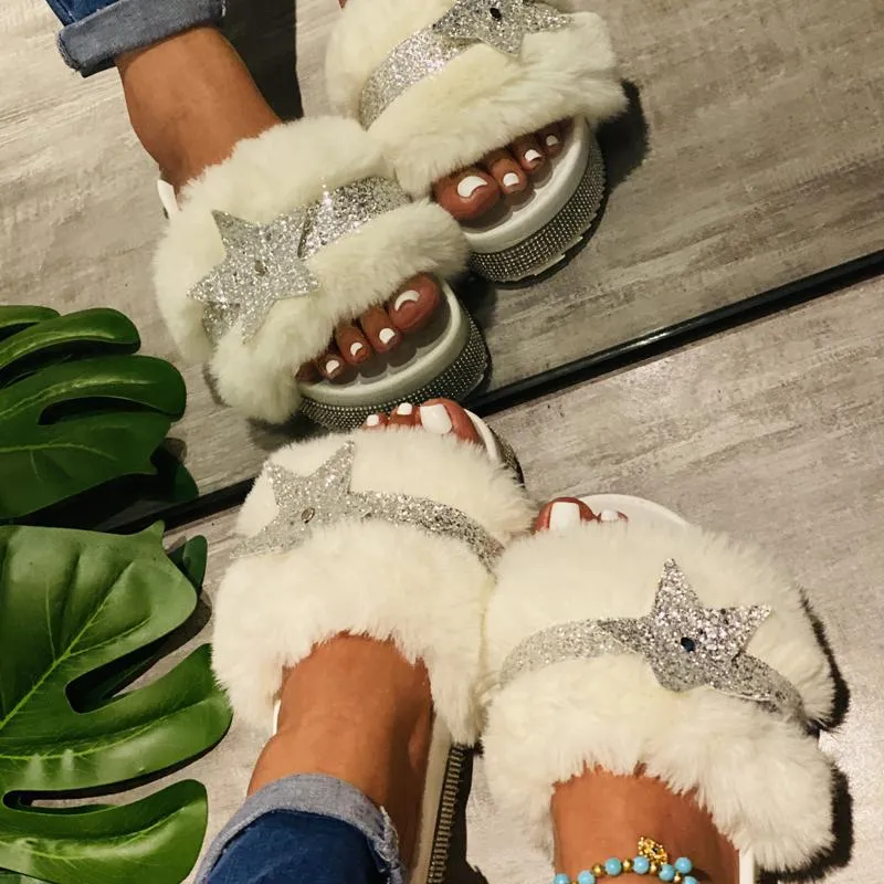 Chicvane Women's Star Rhinestone Faux Fur Open Toe Fluffy Slide Sleeper