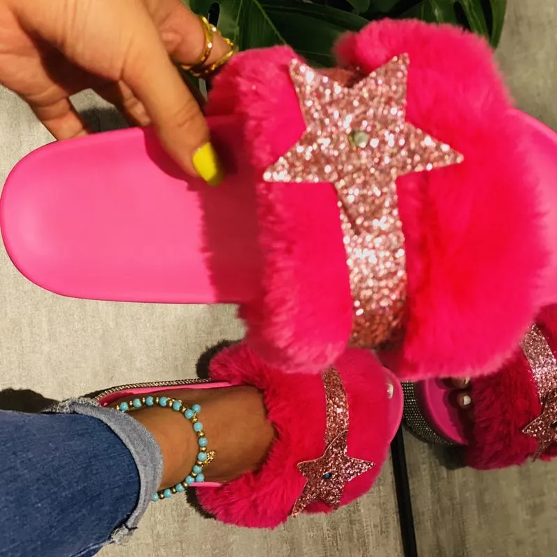 Chicvane Women's Star Rhinestone Faux Fur Open Toe Fluffy Slide Sleeper