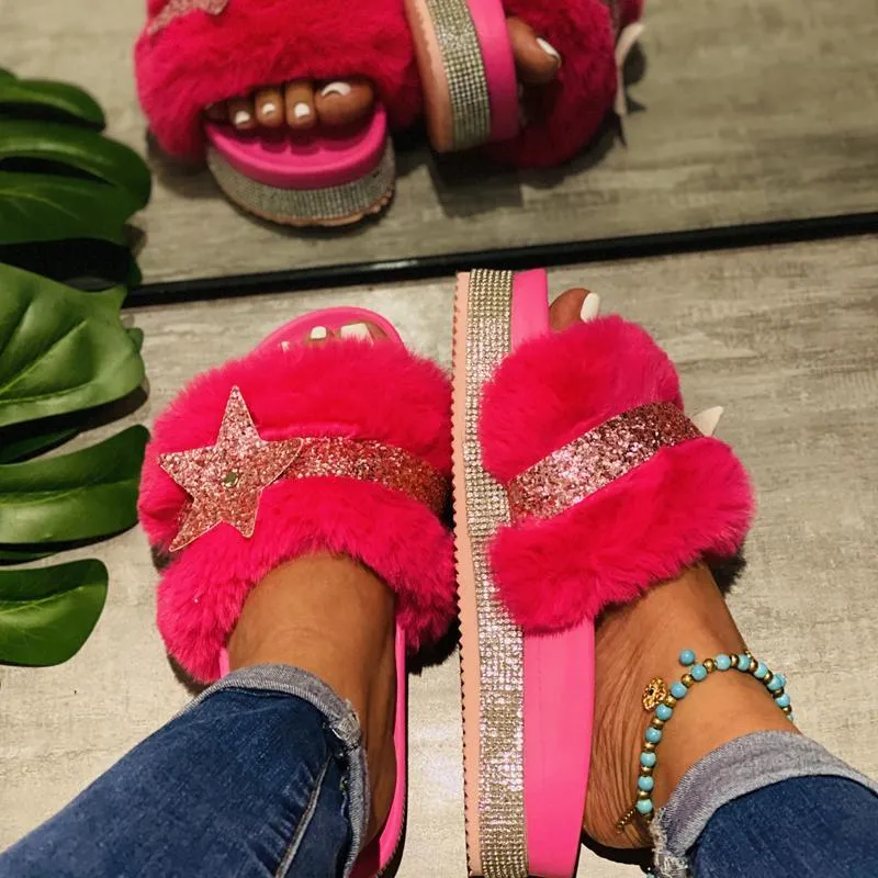 Chicvane Women's Star Rhinestone Faux Fur Open Toe Fluffy Slide Sleeper