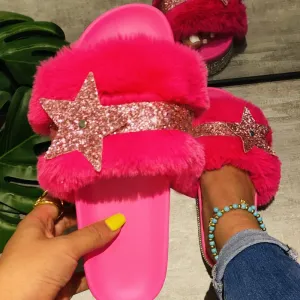 Chicvane Women's Star Rhinestone Faux Fur Open Toe Fluffy Slide Sleeper