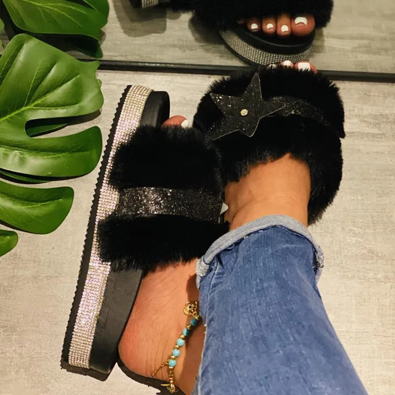 Chicvane Women's Star Rhinestone Faux Fur Open Toe Fluffy Slide Sleeper