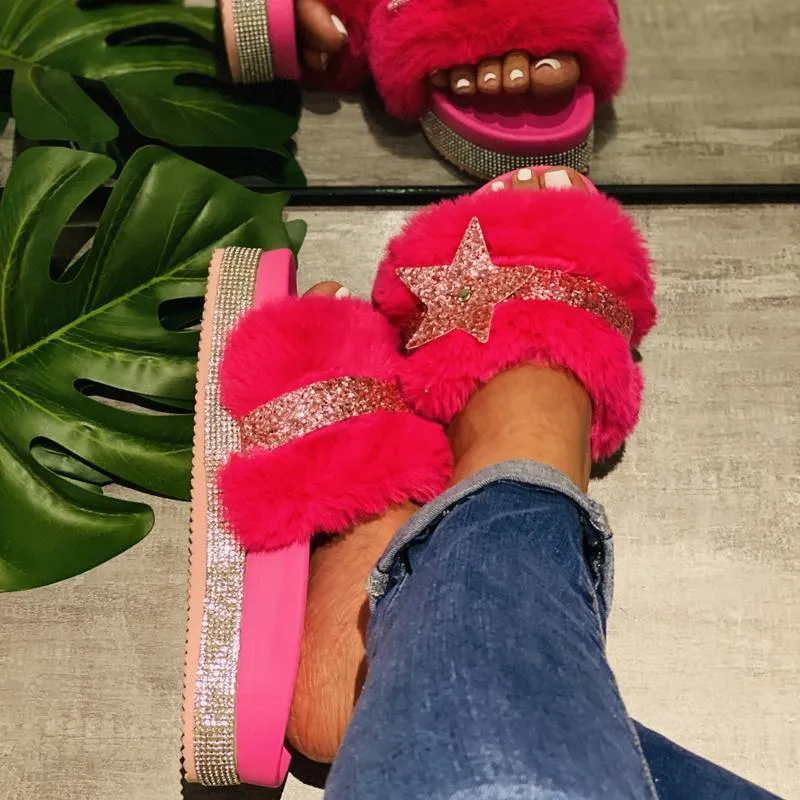 Chicvane Women's Star Rhinestone Faux Fur Open Toe Fluffy Slide Sleeper