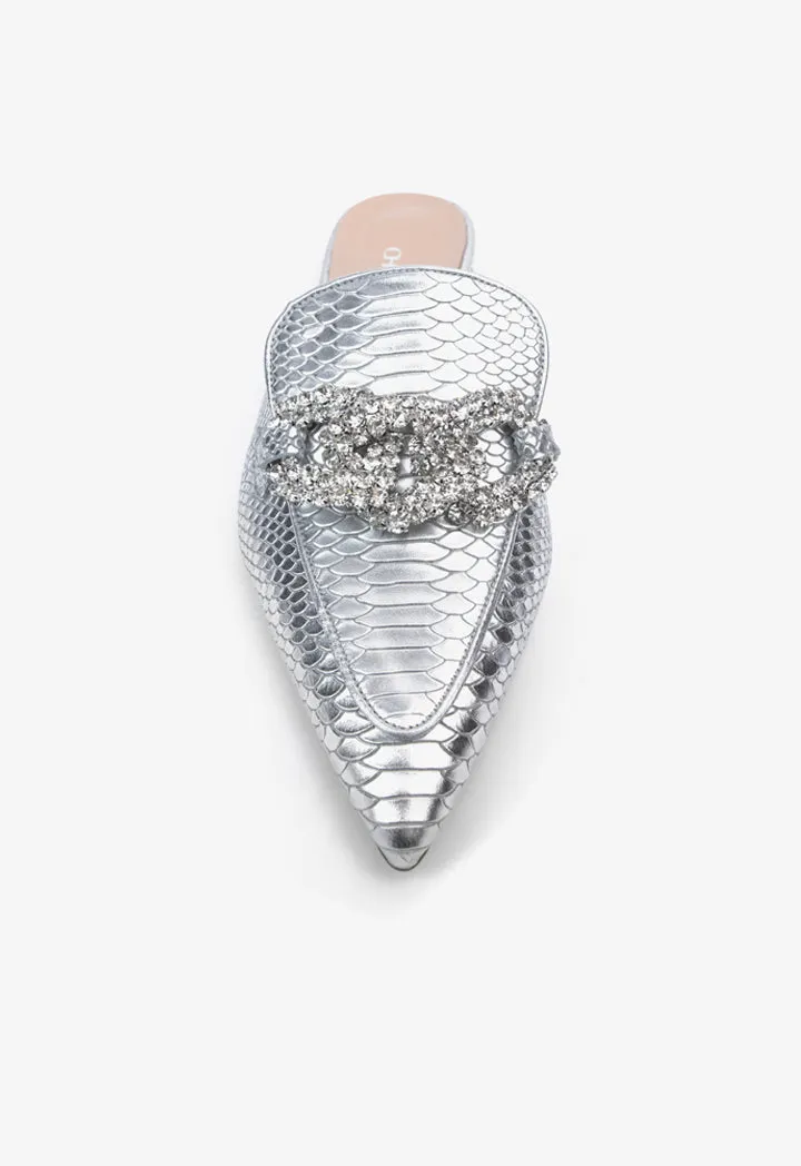 Choice Embellished Snake Textured Leather Mules Silver