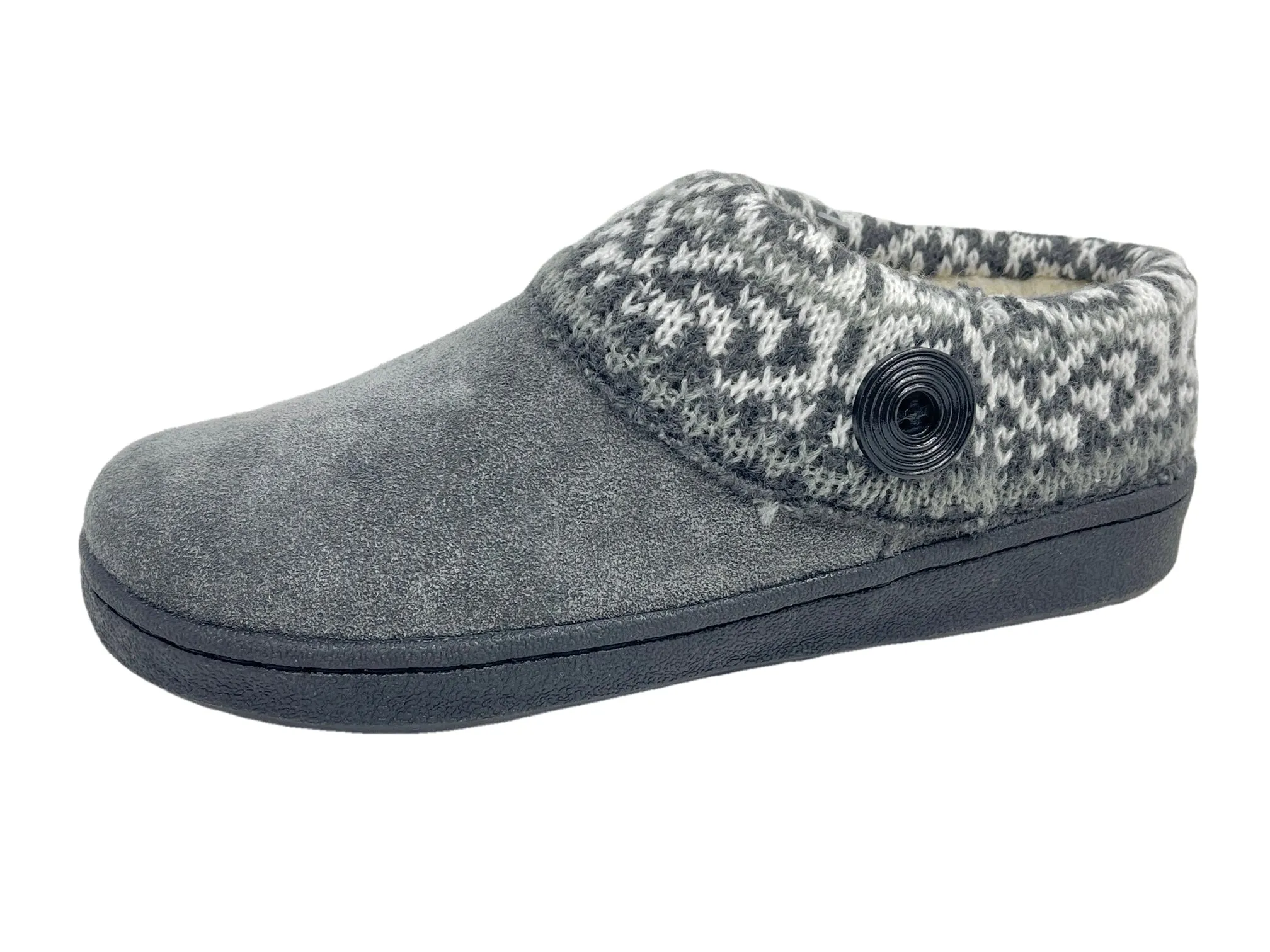 Clarks Suede Leather Knitted Collar Clog Plush Faux Fur Slippers Grey/Grey Multi