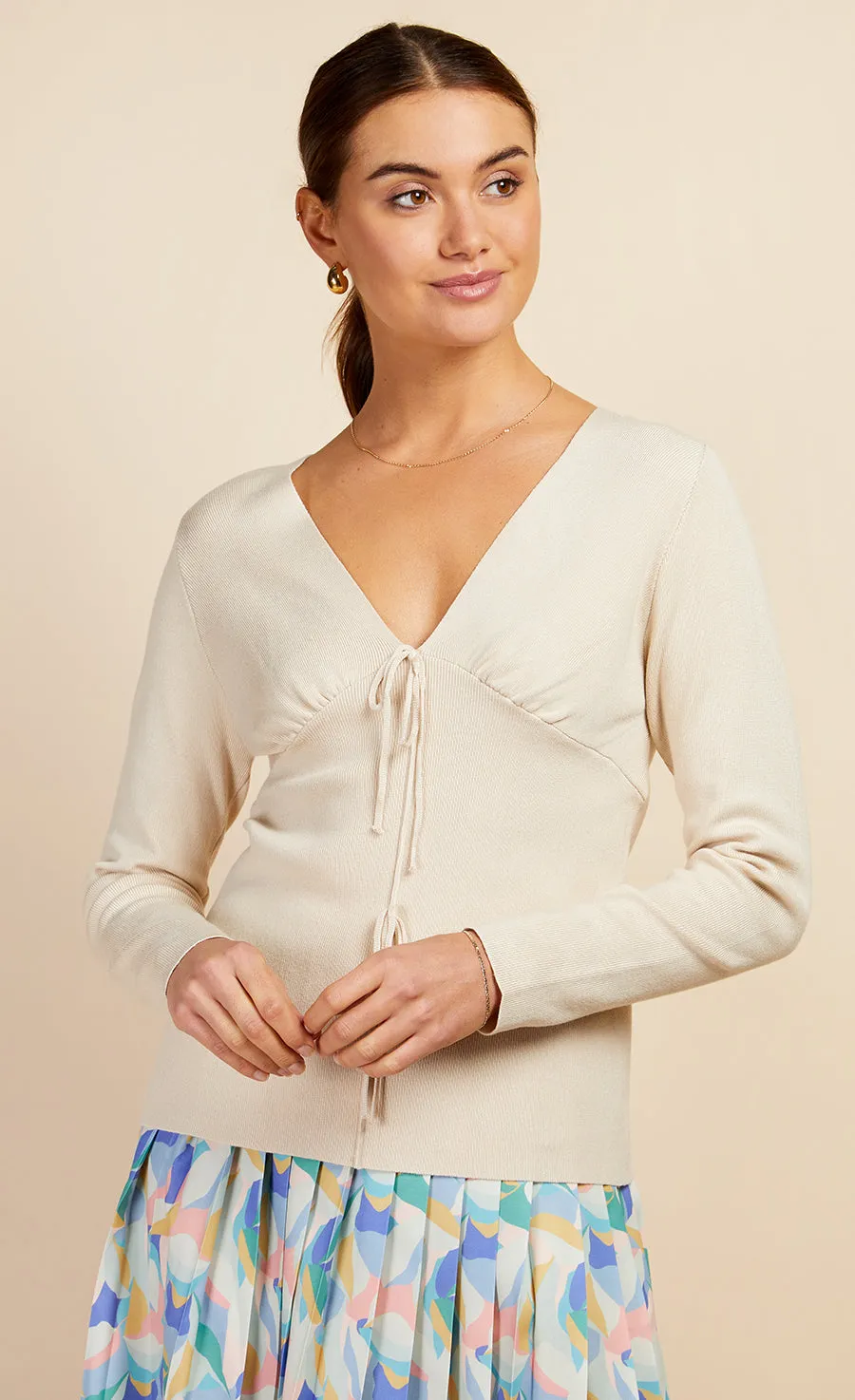 Cream Tie Detail Knit Top by Vogue Williams