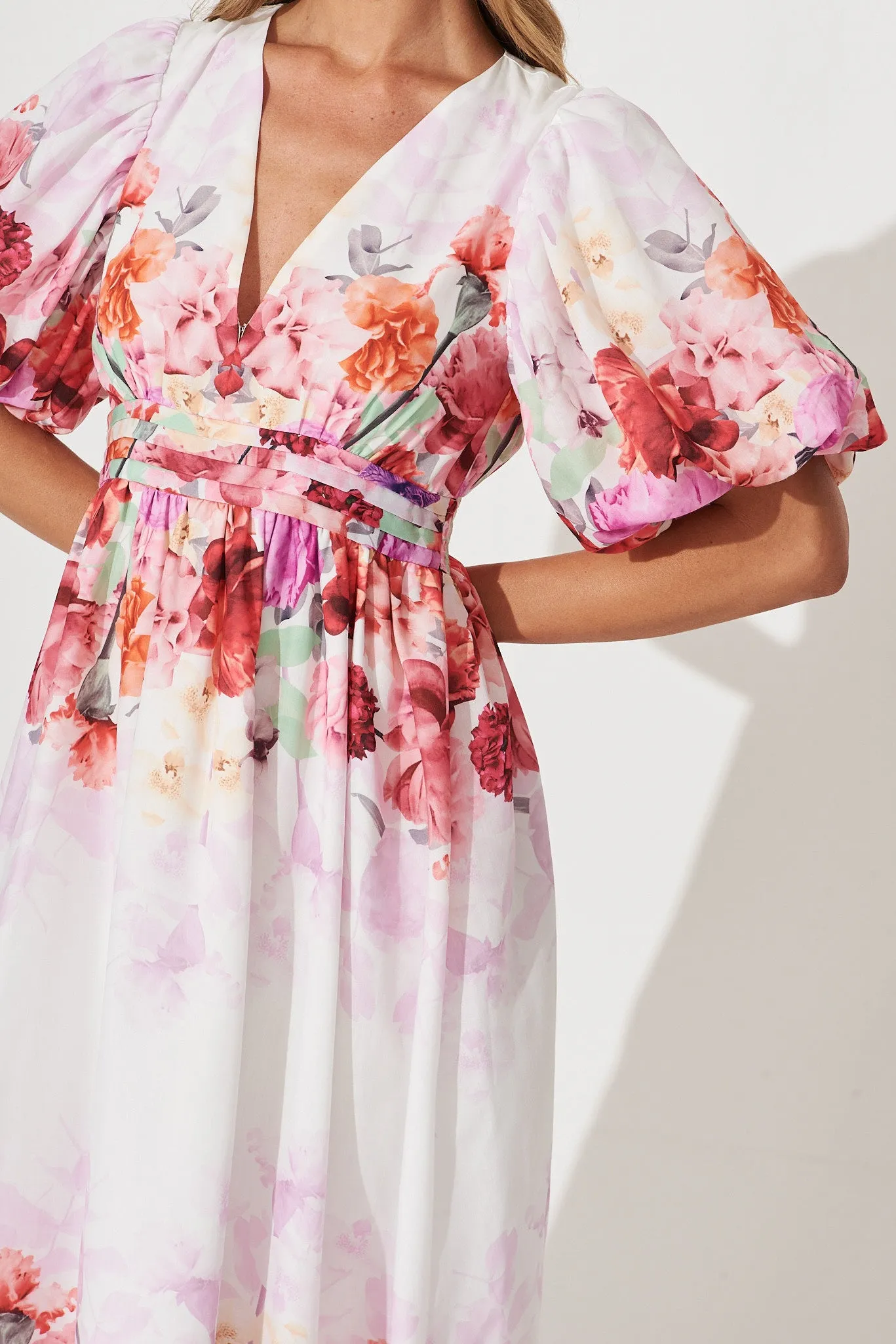Divine Maxi Dress In White With Pink Multi Floral Print
