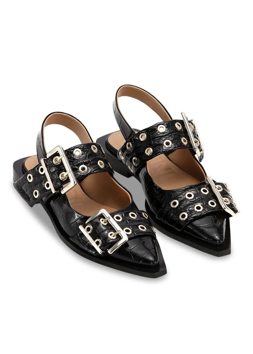 Feminine Buckle Ballerina Patent Croco - Black