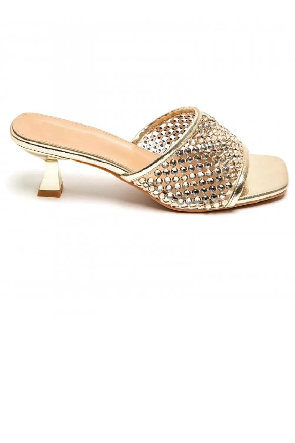 GOLD MID LOW HEEL EMBELLISHED MULES SPARKLY KITTEN HEELED SANDALS