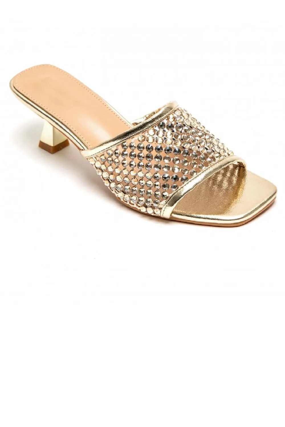 GOLD MID LOW HEEL EMBELLISHED MULES SPARKLY KITTEN HEELED SANDALS
