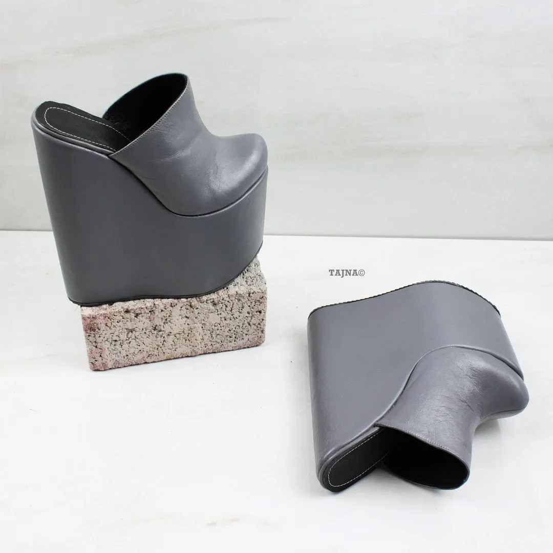 Gray Sabo Platform Heel Wedge Mules