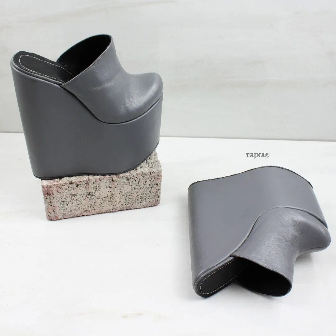 Gray Sabo Platform Heel Wedge Mules