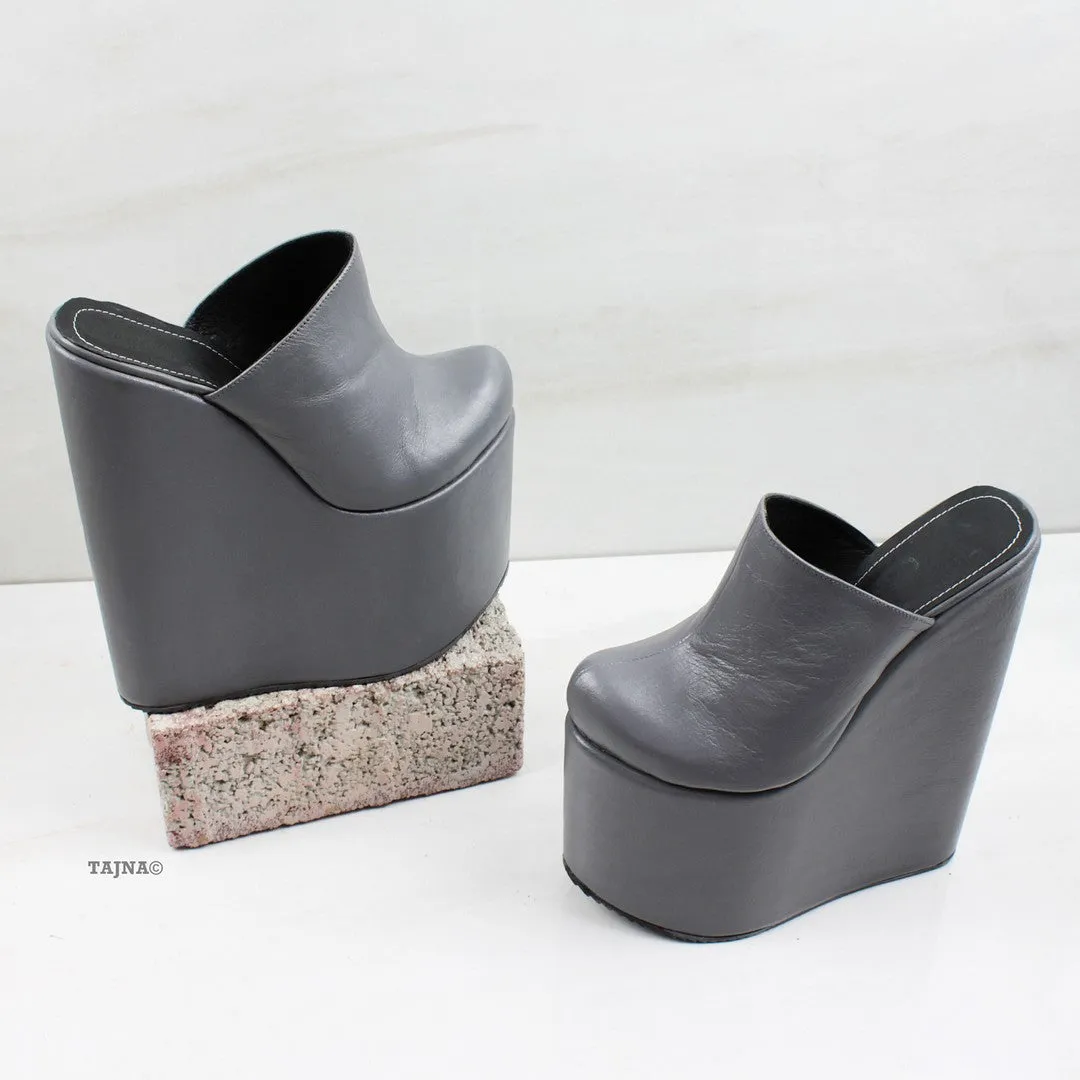 Gray Sabo Platform Heel Wedge Mules