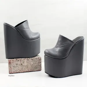 Gray Sabo Platform Heel Wedge Mules
