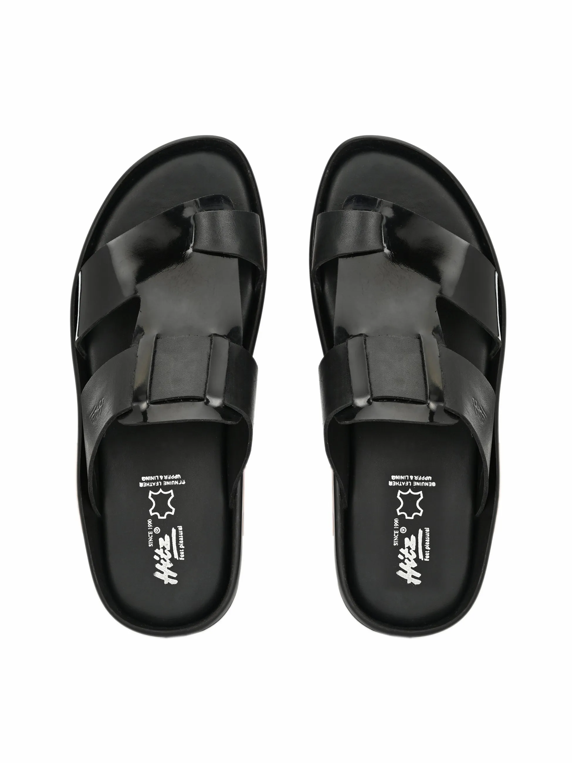 Hitz Men's Black Leather Toe Ring Comfort Slippers