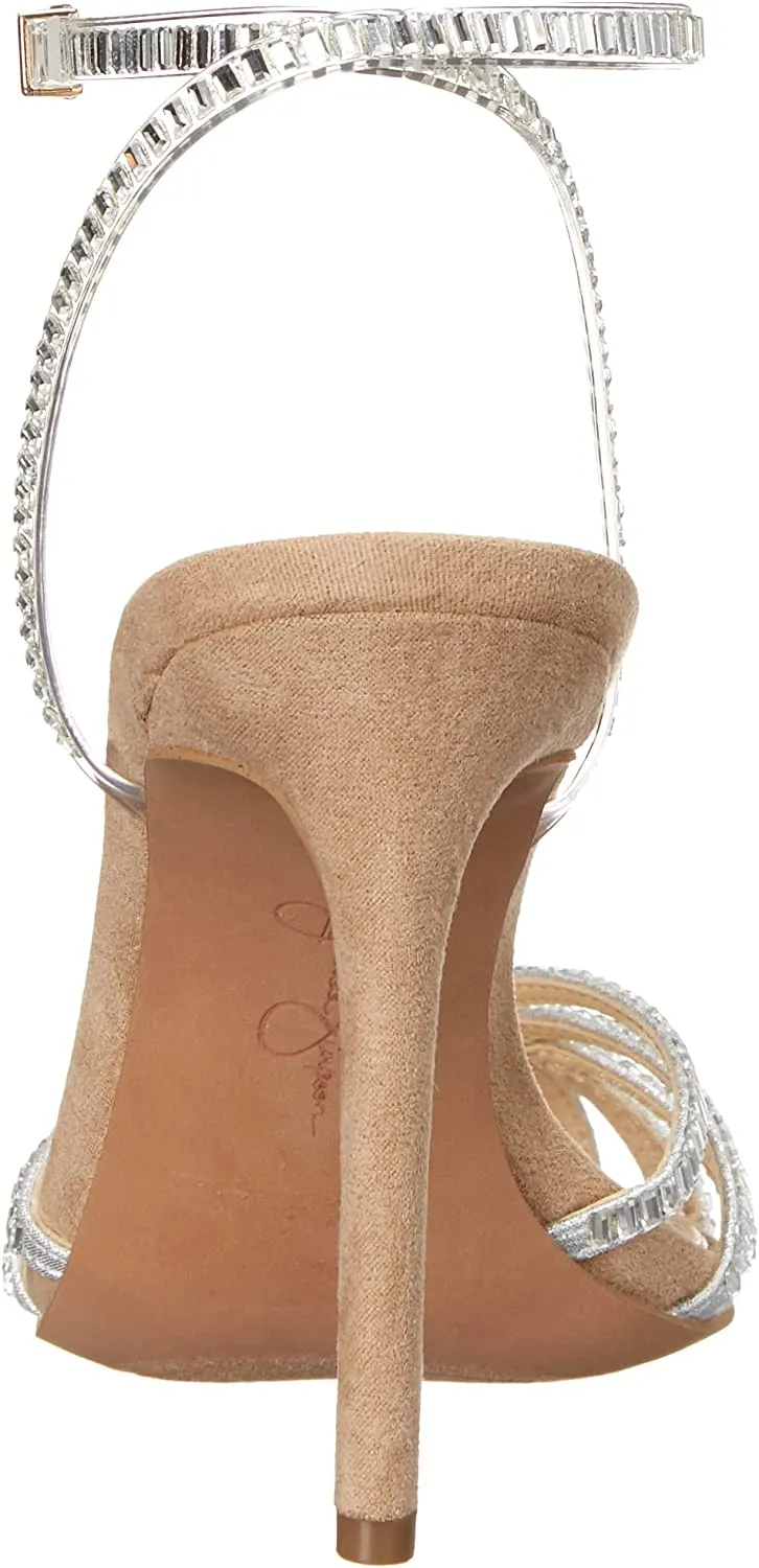 Jessica Simpson Jileta Silver Ankle Strap Round Caged Toe Stiletto Heeled Sandals