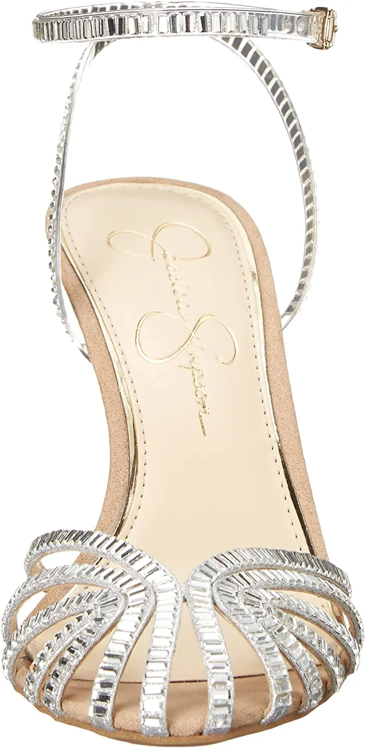 Jessica Simpson Jileta Silver Ankle Strap Round Caged Toe Stiletto Heeled Sandals