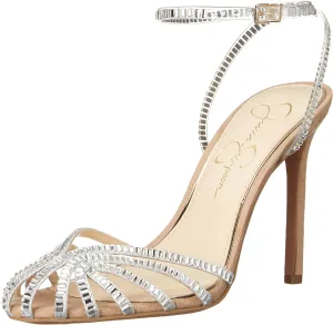 Jessica Simpson Jileta Silver Ankle Strap Round Caged Toe Stiletto Heeled Sandals