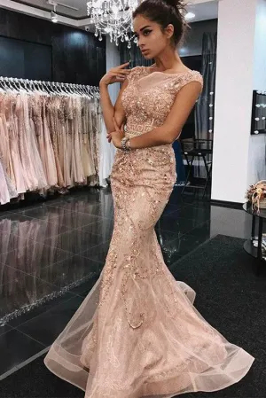 Mermaid Pink Long Prom Dresses Bateau Evening Dresses with Appliques PDA227