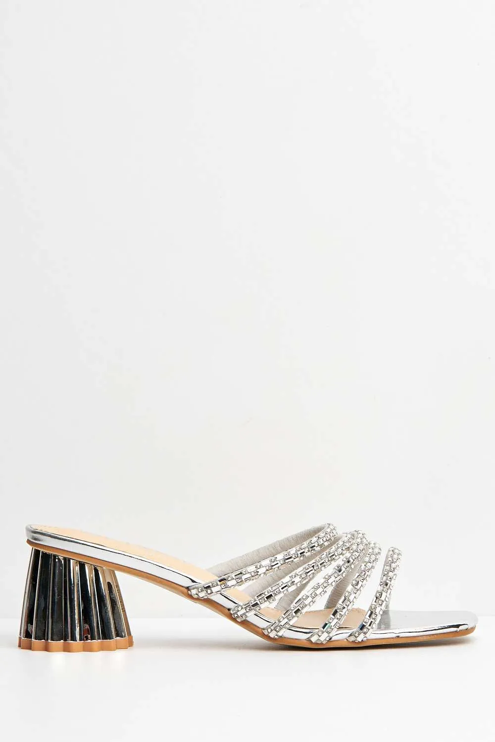 Sana Diamante Straps Block Heel Mules in Silver
