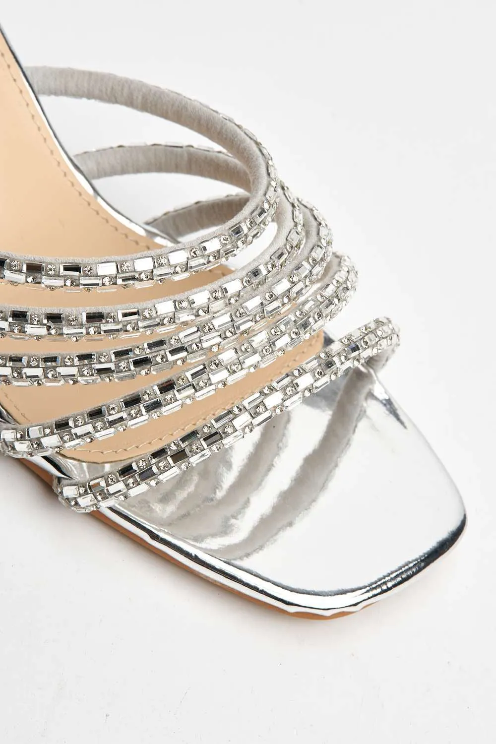 Sana Diamante Straps Block Heel Mules in Silver