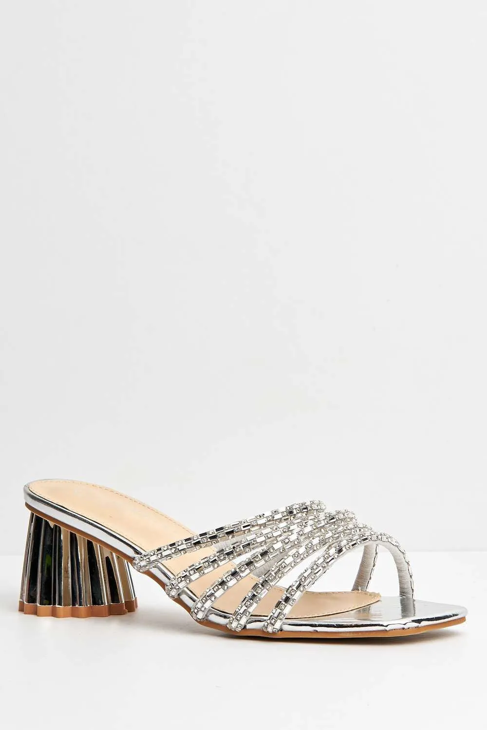 Sana Diamante Straps Block Heel Mules in Silver