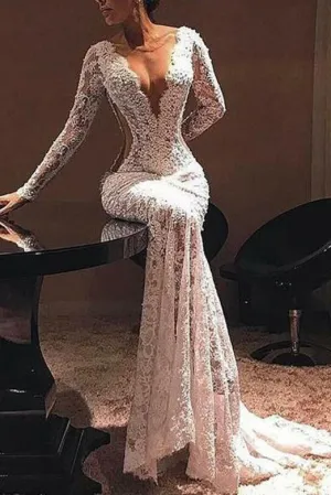 Sexy Mermaid White Prom Dresses Sleeve V Neck Evening Party Dresses PDA215
