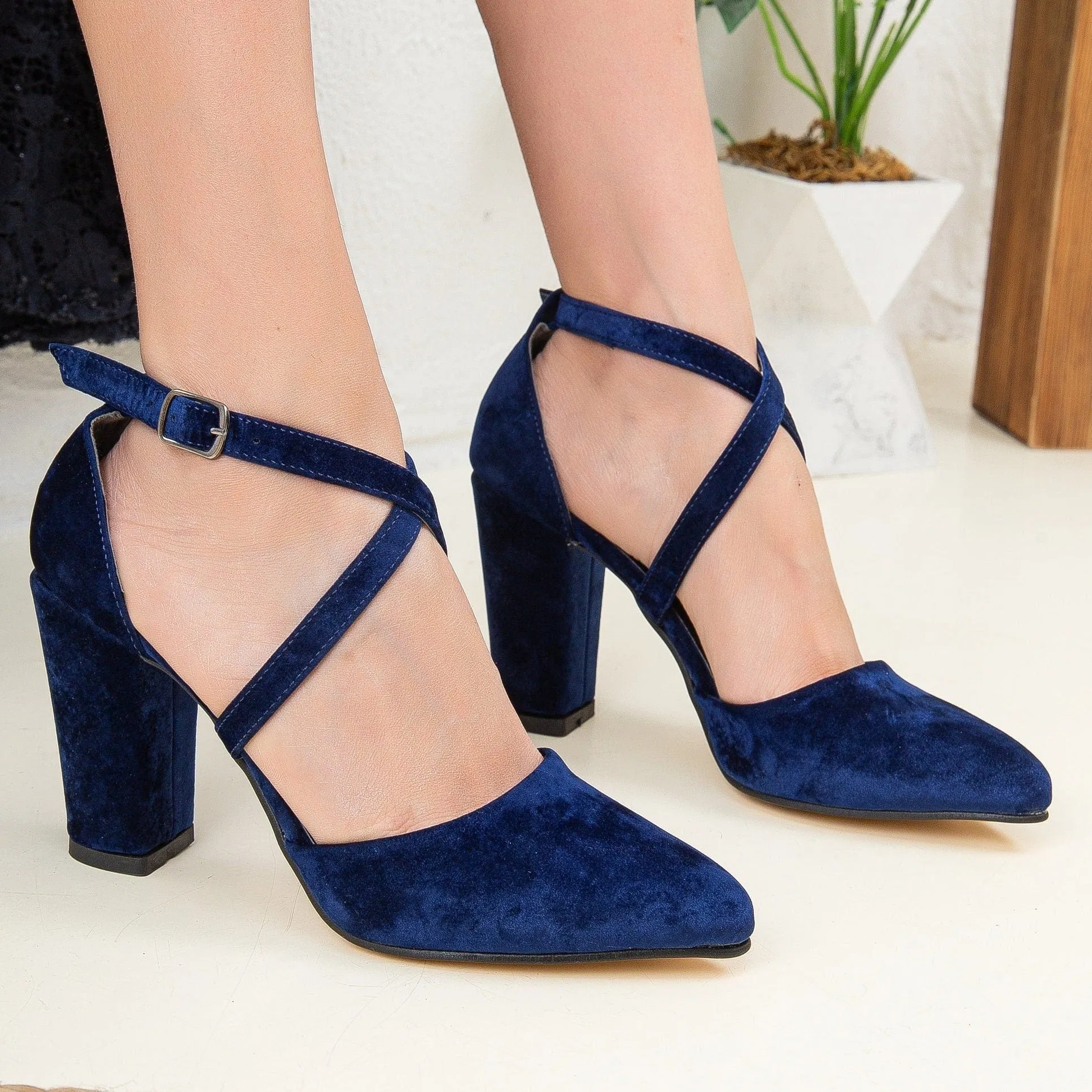 Sina - Blue Velvet Criss Cross Heels