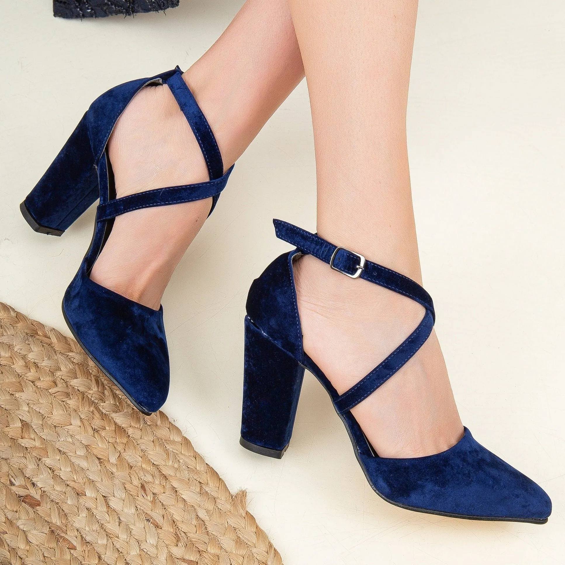 Sina - Blue Velvet Criss Cross Heels