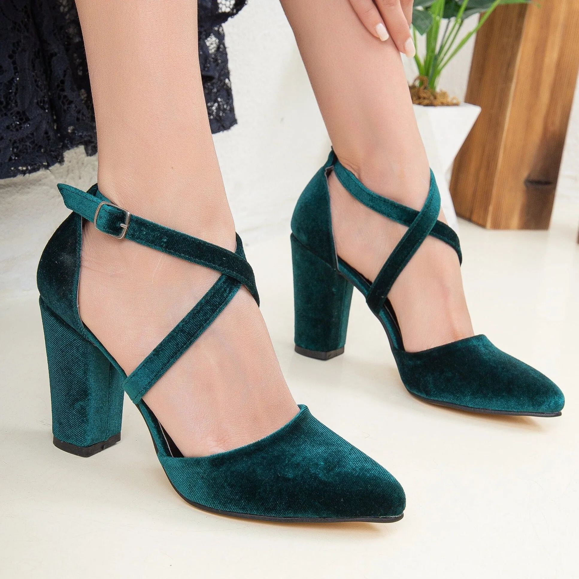Sina - Green Velvet Criss Cross Heels