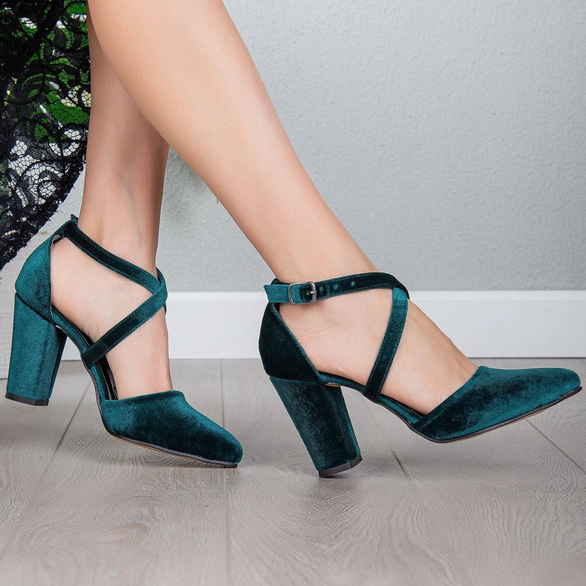 Sina - Green Velvet Criss Cross Heels
