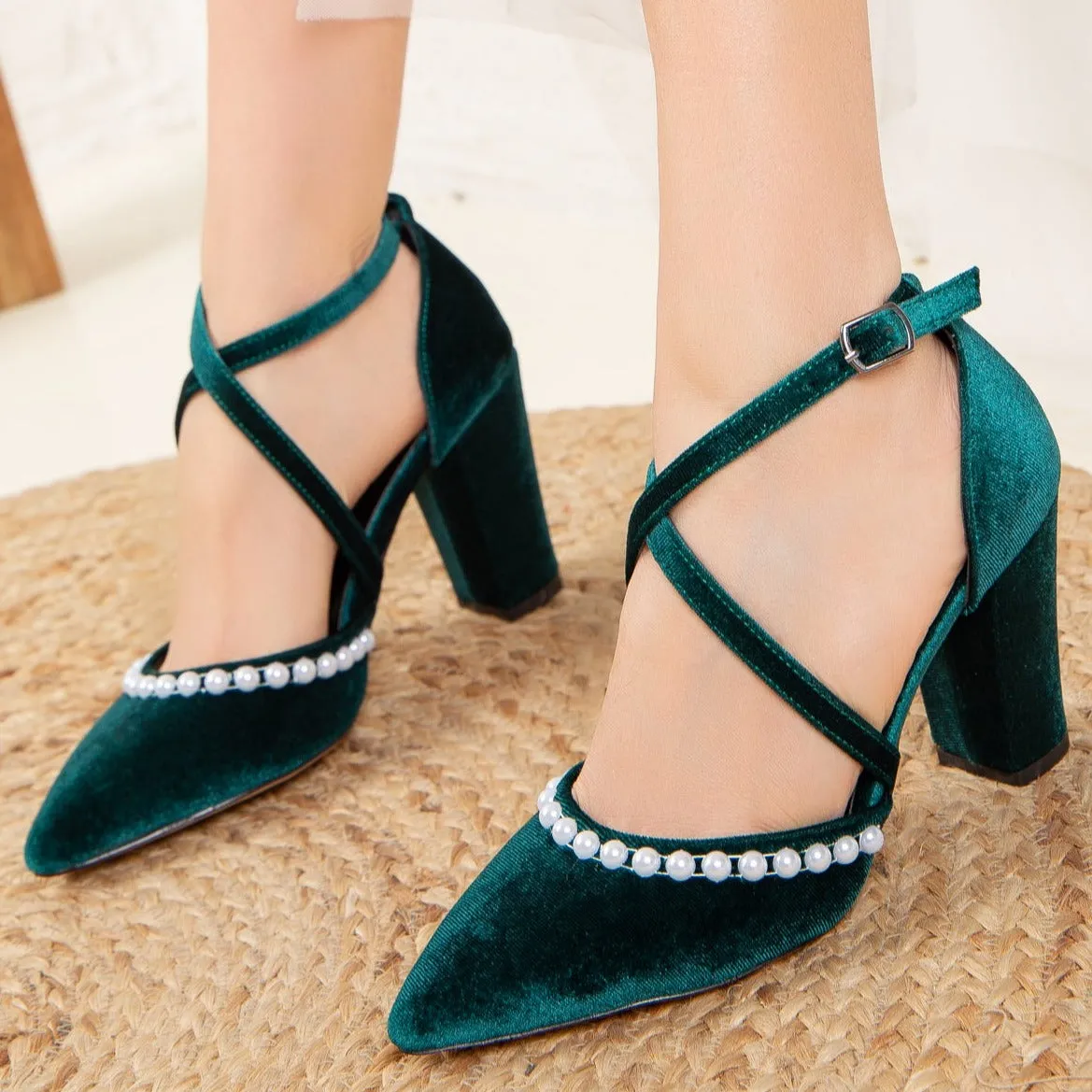 Sina - Pearl Green Velvet Heels