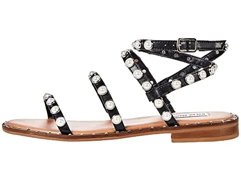 Steve Madden Travel Ankle Strap Pearl Detail Flat Sandals Black Pearl