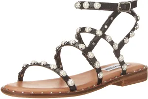 Steve Madden Travel Ankle Strap Pearl Detail Flat Sandals Black Pearl