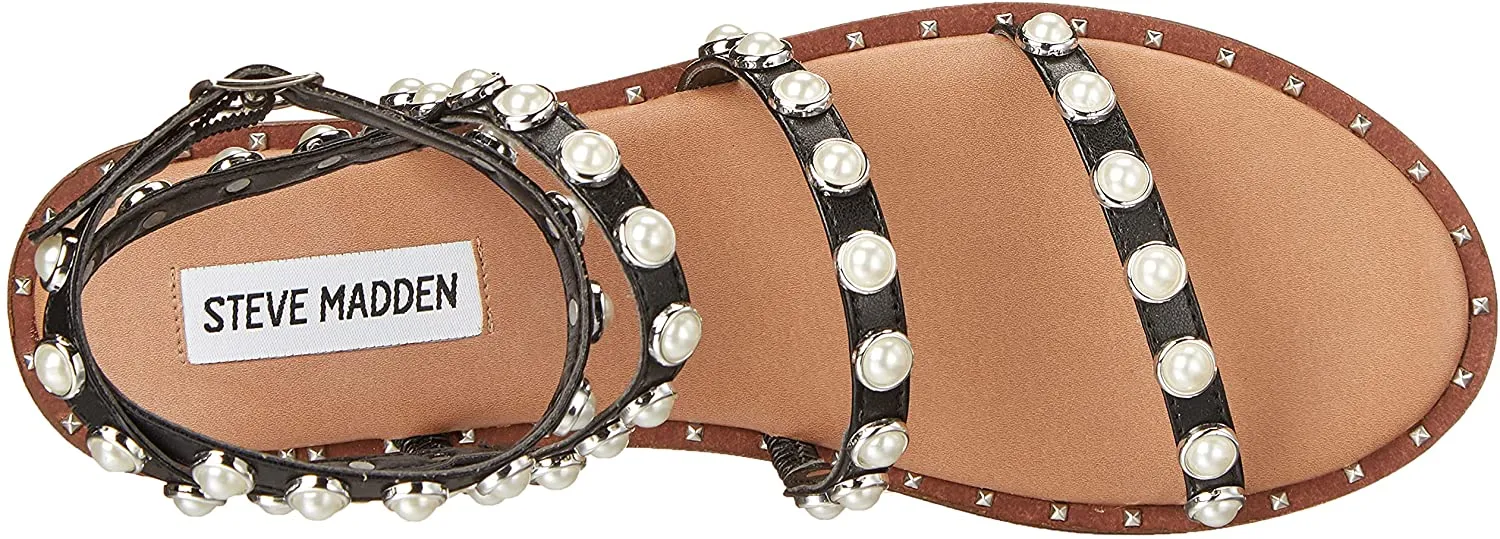 Steve Madden Travel Ankle Strap Pearl Detail Flat Sandals Black Pearl
